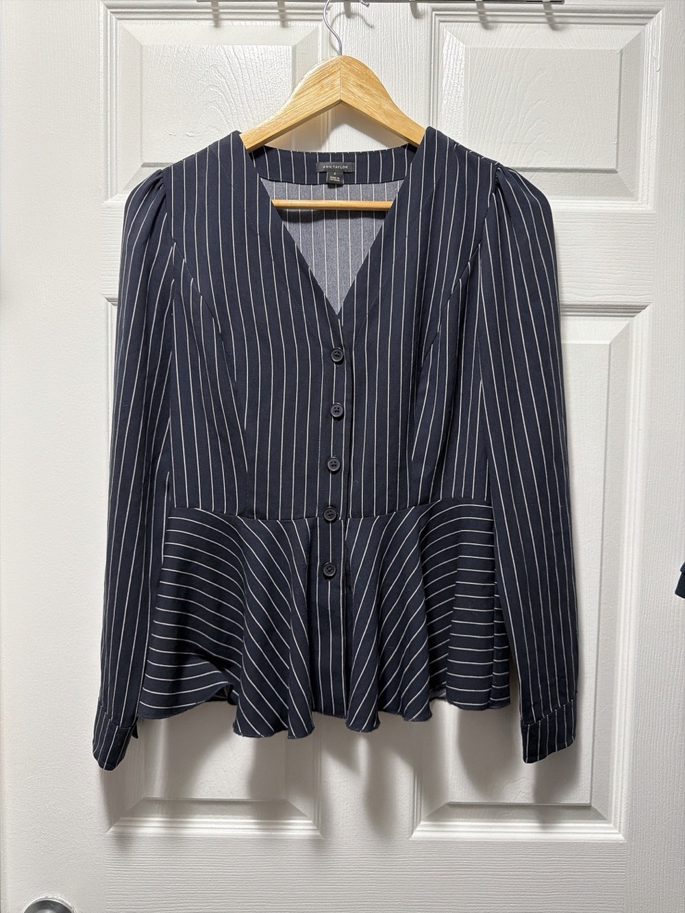 Ann Taylor Navy Pinstripe Button-Front Peplum Blouse